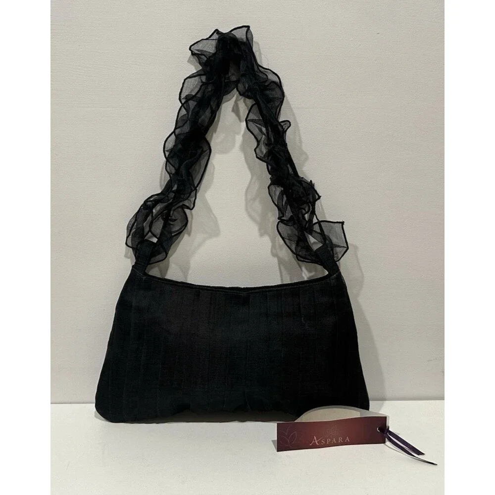 Aspara  women vintage evening black silk shoulder handbag